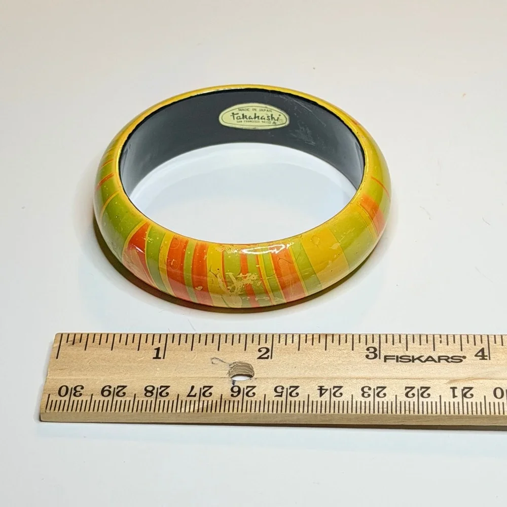 Vintage 1970s Takahashi San Francisco Lacquer Bangle Bracelet Green Orange Japan